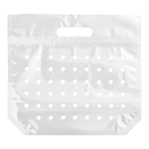 A clear plastic vented zipper seal produce pouch with holes.