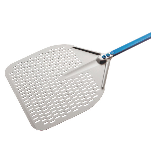A silver and blue GI Metal square perforated pizza peel.