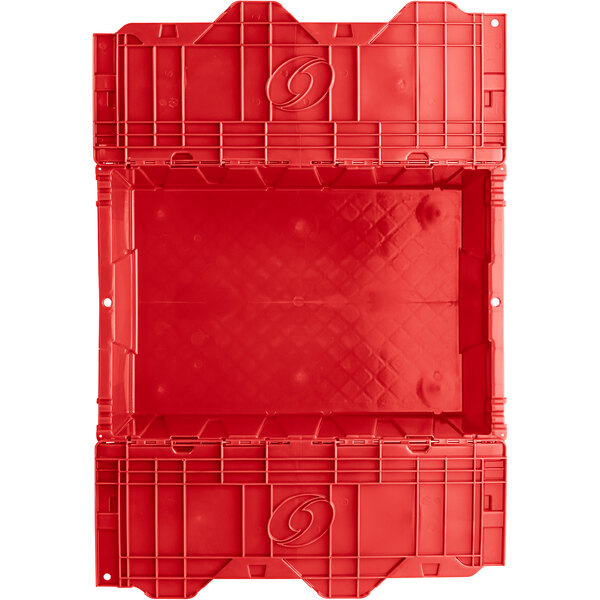 A red plastic Orbis tote box with a square lid.