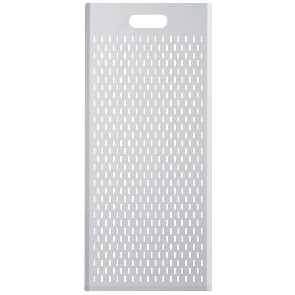 A white rectangular anodized aluminum pizza board with holes.
