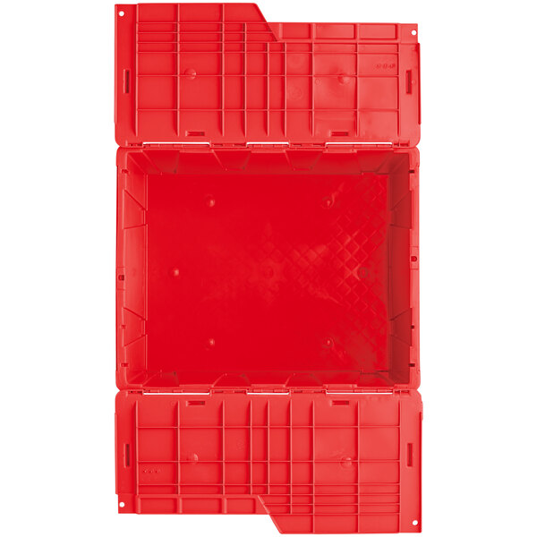 A red plastic Orbis Stack-N-Nest tote box with a hinged lid.