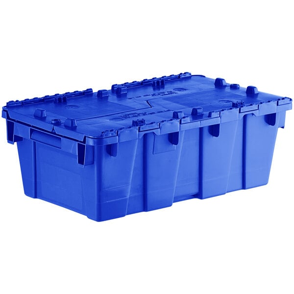 An Orbis dark blue plastic Stack-N-Nest tote box with hinged lid.