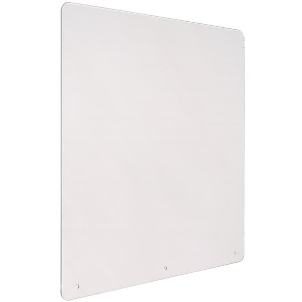 A white square plexiglass breath shield with bolt holes.