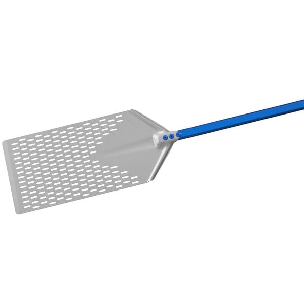 A metal spatula with a blue handle.