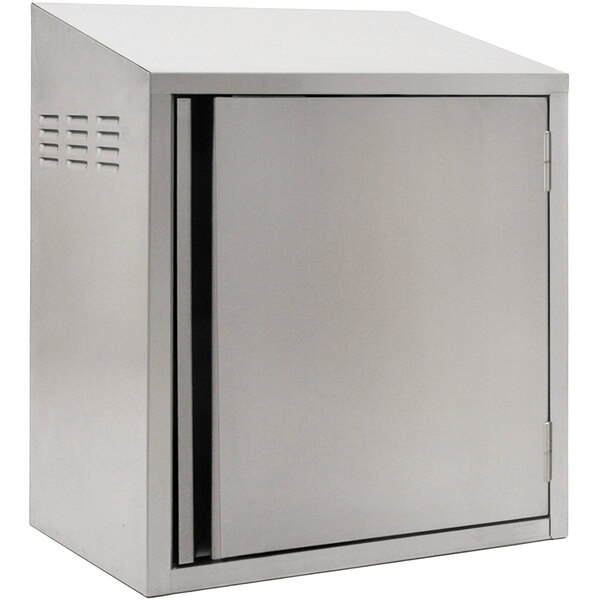 A silver metal Eagle Group wall cabinet with a door on a white wall.