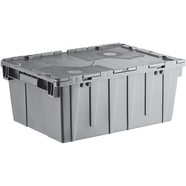 A gray Orbis Stack-N-Nest tote box with hinged lid and pin.