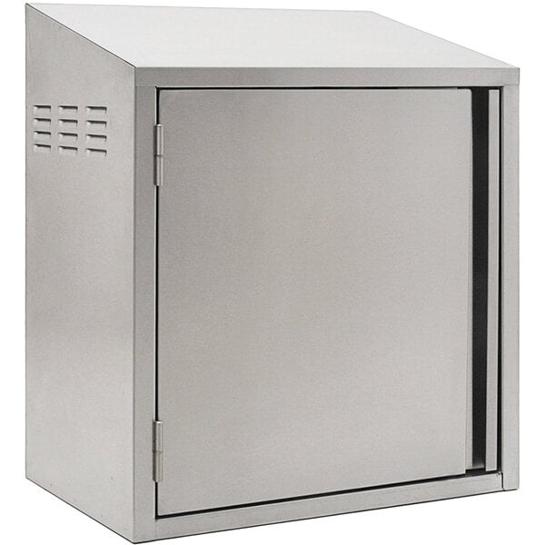 A silver metal Eagle Group stainless steel wall cabinet with a door on a white background.