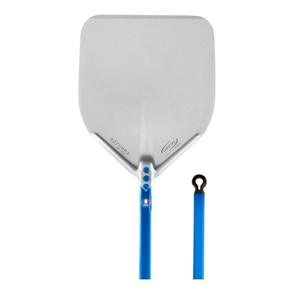 A metal pizza peel with a square, flat blade and a long blue handle.