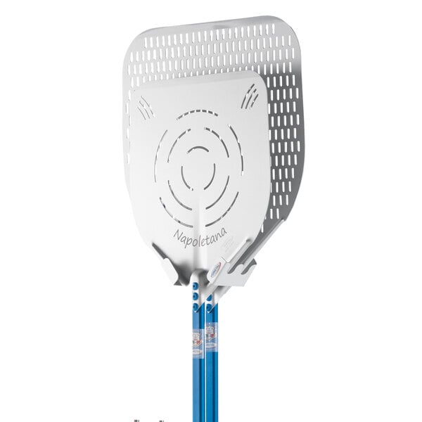 An anodized aluminum wall rack with two white circles and blue accents.