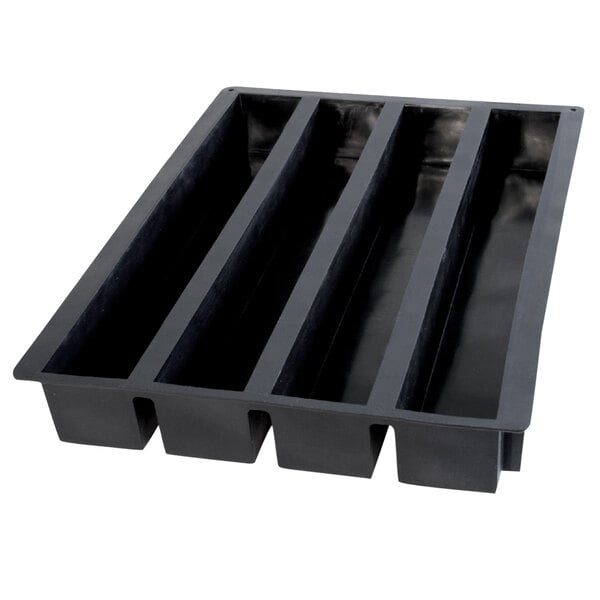 A black silicone baking mold tray with four log-shaped compartments.