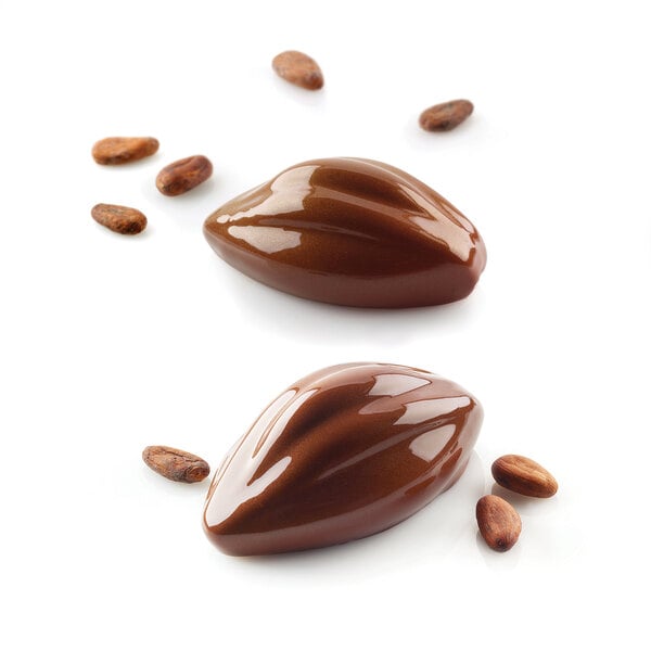 Silicone baking mold with chocolate candies in 6 rectangular cavities with a border.