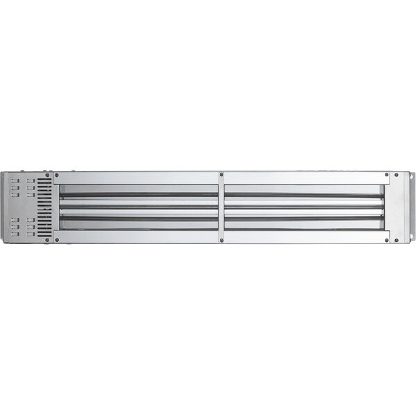 A silver rectangular strip warmer with black toggle controls on a white background.