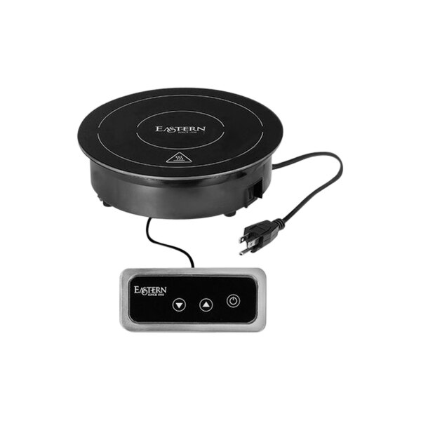 A black circular Eastern Tabletop induction range with a cord.