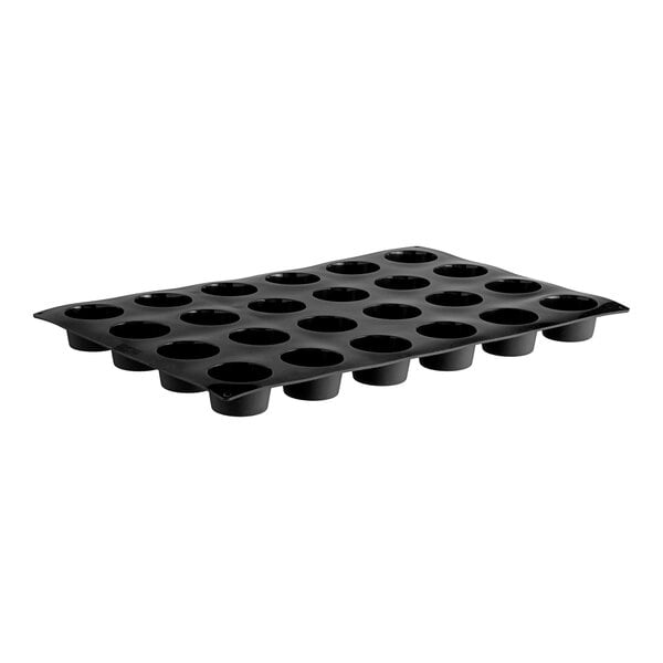 A black Silikomart silicone muffin pan with 24 square cavities.