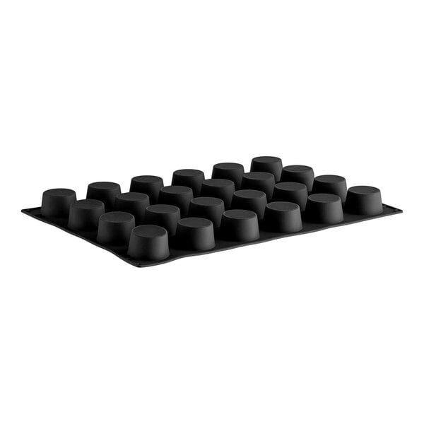 A black tray with 24 black cylindrical molds.
