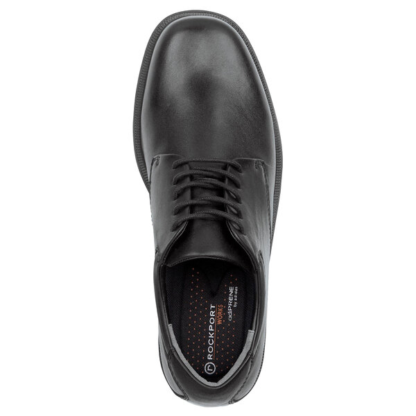 A close-up of a Rockport Huron black leather Oxford dress shoe with laces.
