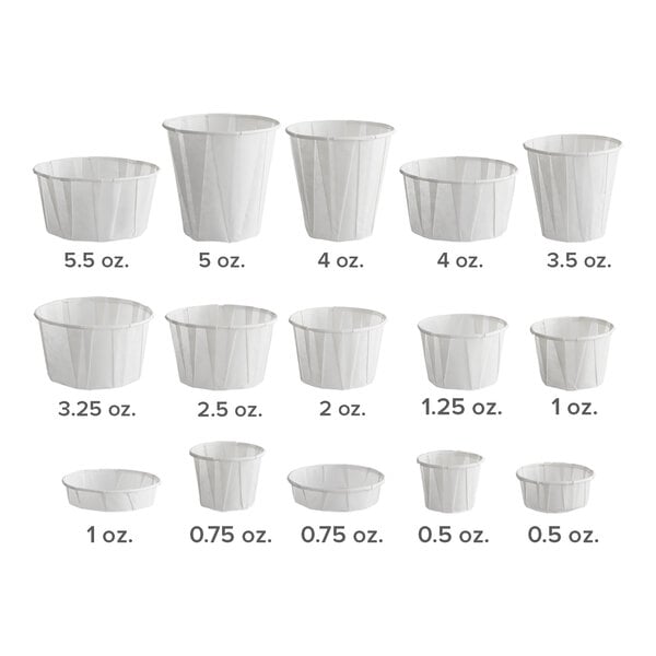 A row of Genpak white paper souffle and drinking cups.
