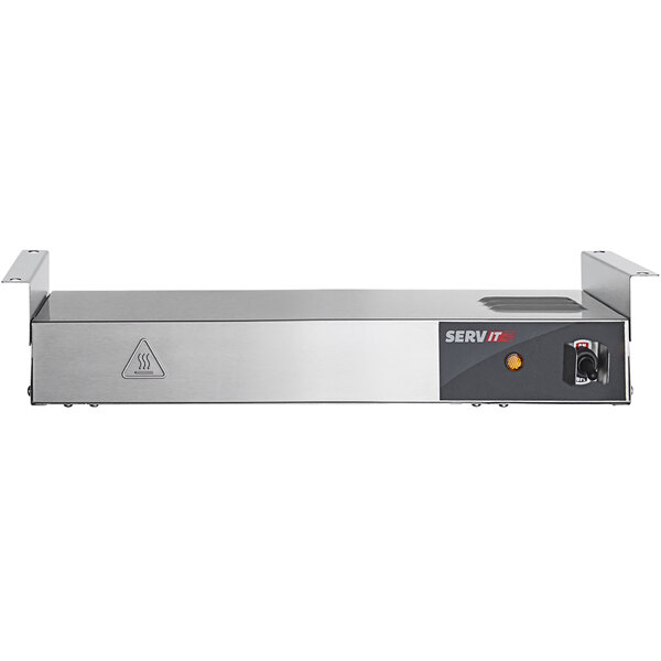 A stainless steel ServIt strip warmer with a black and red rectangular button.