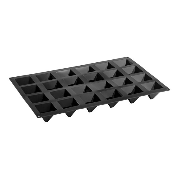 A black silicone baking mold with 24 pyramid-shaped cavities.