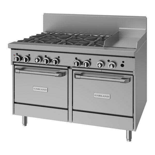 A commercial stainless steel 48-inch range with six burners, a 12-inch griddle, and two space saver ovens.