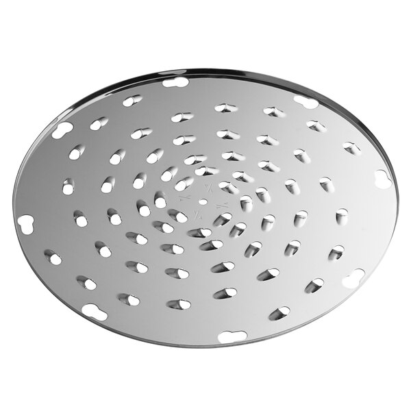 A silver circular Avantco shredder plate with holes in it.