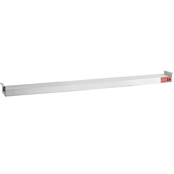 An Avantco high wattage strip warmer with a long metal shelf and red toggle controls.