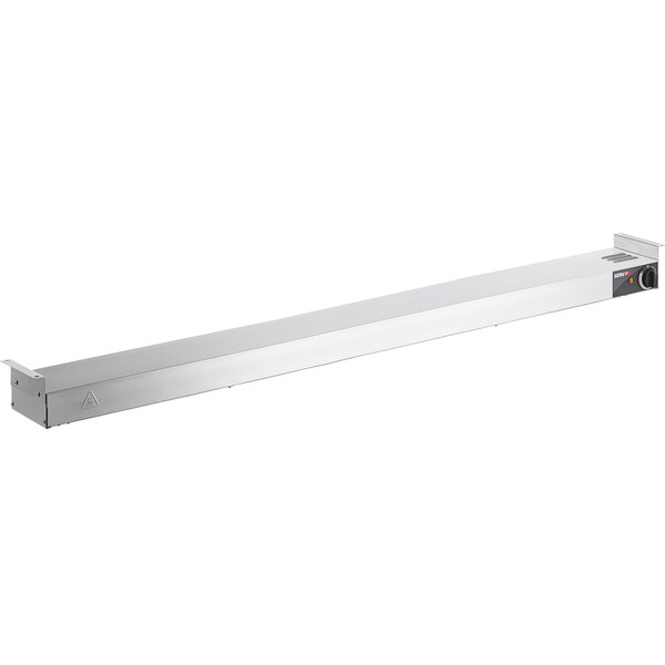 A rectangular stainless steel strip warmer with a cord and adjustable controls on a white background.