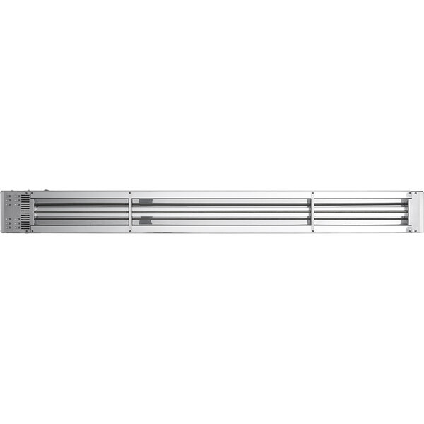 A long stainless steel ServIt strip warmer with white background.