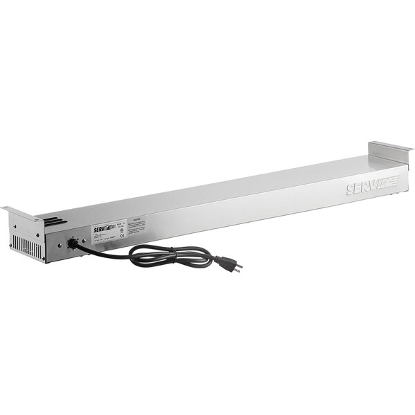 A rectangular silver metal strip with a power cord.