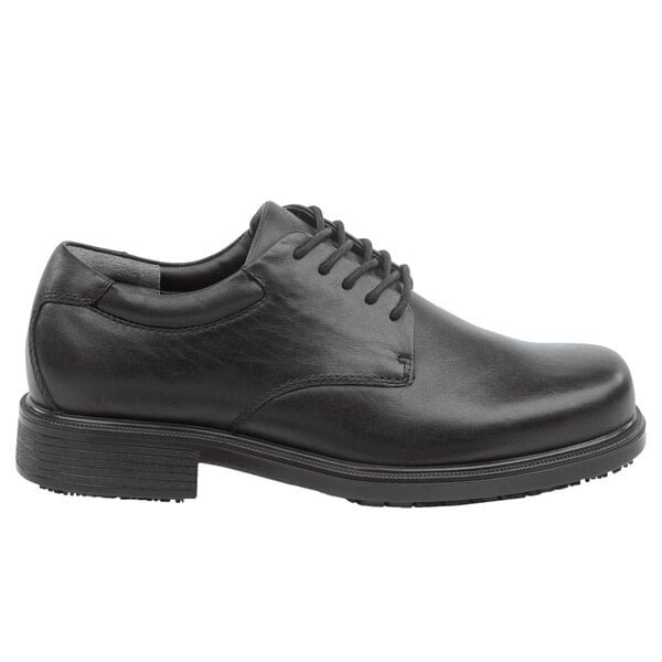 A black Rockport men's oxford dress shoe with laces.