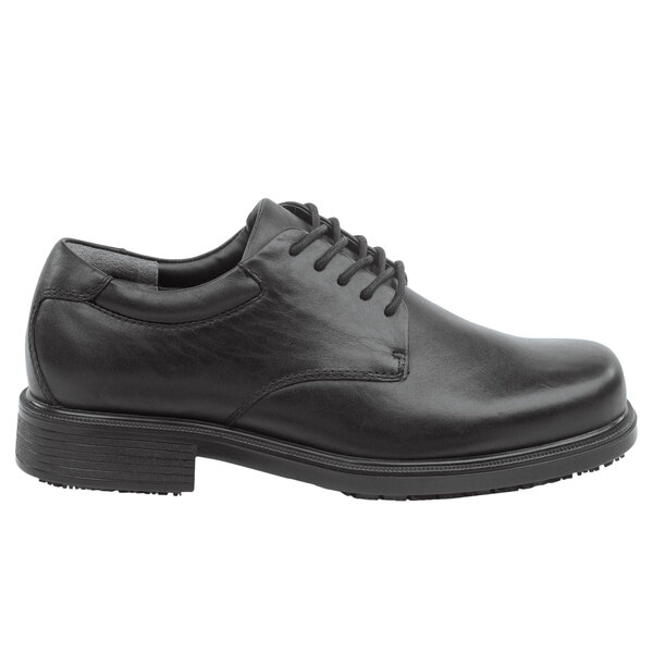 A black Rockport men's Oxford dress shoe with laces.
