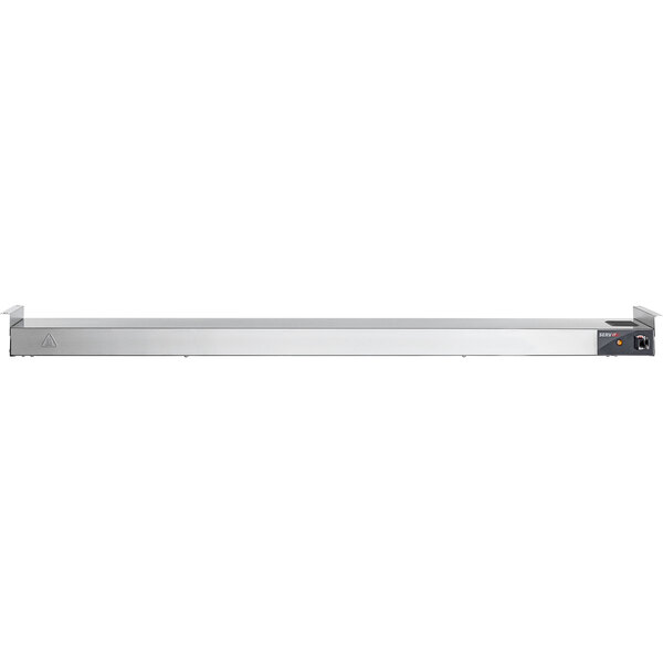 A stainless steel ServIt strip warmer shelf with toggle controls.