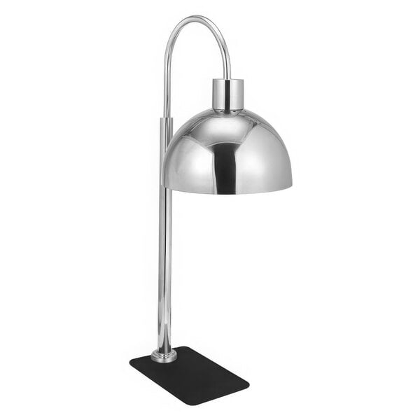 A silver stainless steel Eastern Tabletop freestanding heat lamp with a black base.