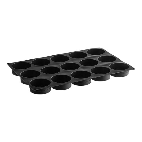 A black silicone baking mold with 15 square cavities.