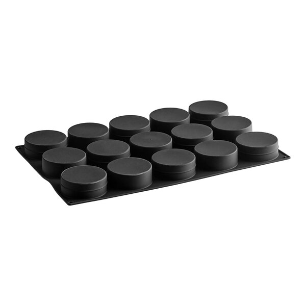 A black silicone baking mold with 15 round compartments.