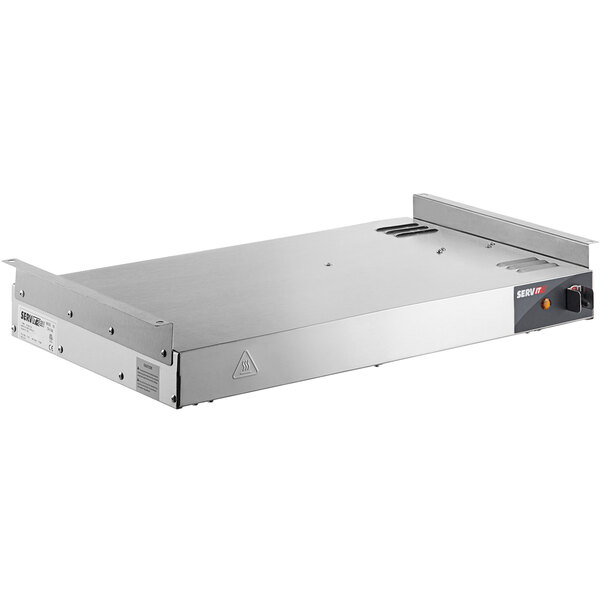 A silver rectangular ServIt double strip warmer with on/off toggle controls and a vent.