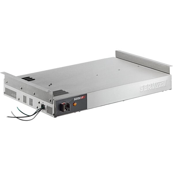 A silver rectangular metal strip with wires and switches.