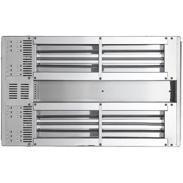 A silver rectangular ServIt strip warmer with holes in the bottom.