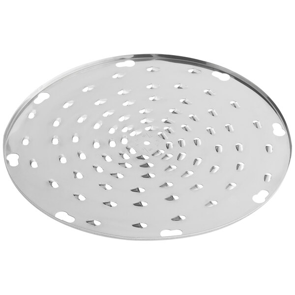 A stainless steel circular shredder plate with holes.
