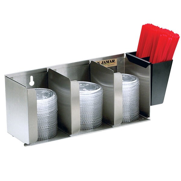 San Jamar L1014 Stainless Steel 3 Stack Horizontal Countertop Lid Organizer  with Straw Caddy