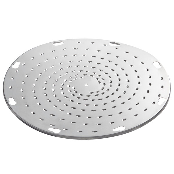 A stainless steel circular Avantco shredder plate with holes.