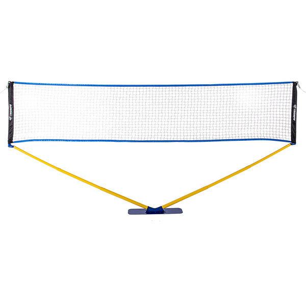 A Triumph multi-sport net with yellow and blue trim.
