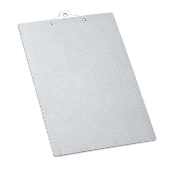 A white rectangular aluminum clipboard with a metal clip.