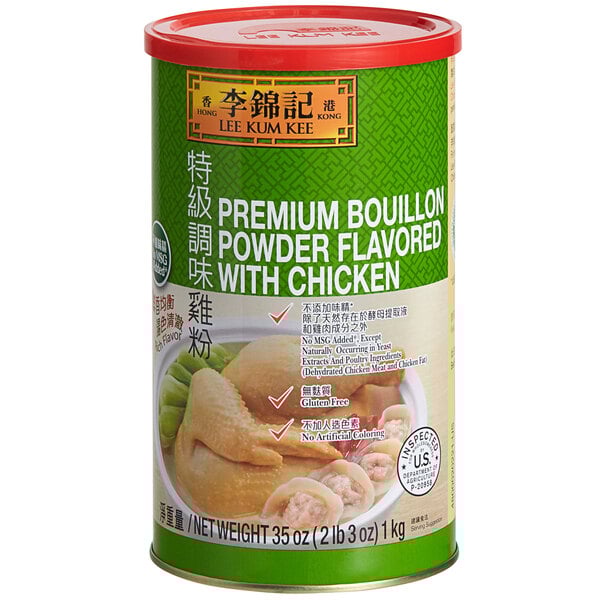 A can of Lee Kum Kee Premium Chicken Flavored Bouillon Powder with a label.