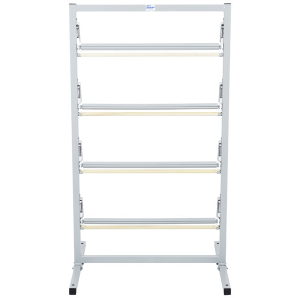 A metal Bulman paper rack with four shelves.