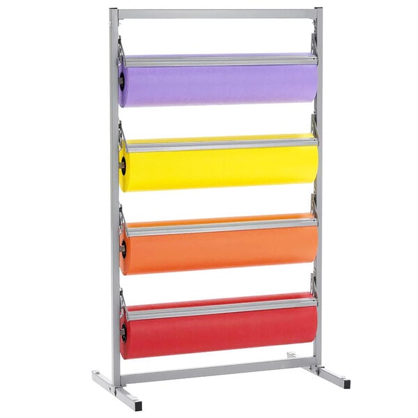 A Bulman four deck paper rack holding colorful paper rolls.