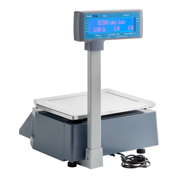A digital price computing scale with a thermal label printer and LCD tower display.