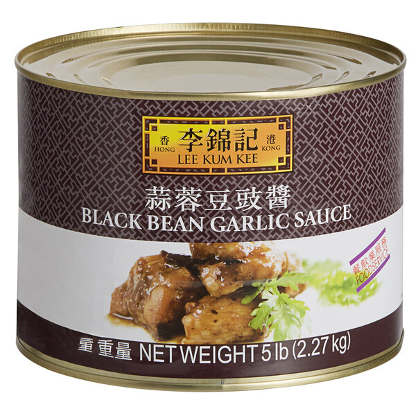 A white and red labeled can of Lee Kum Kee Black Bean Garlic Sauce.