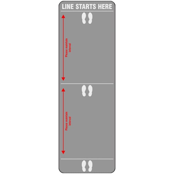 A grey rectangular Notrax Line Starts Here message mat with white text and footprints.