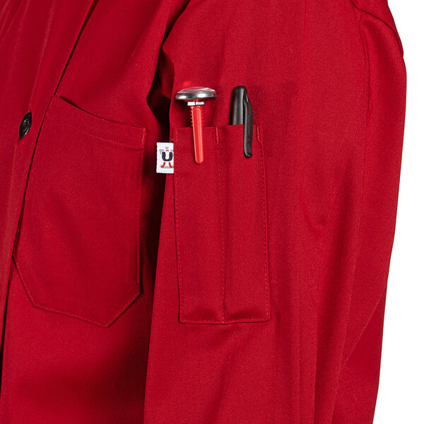 a close up of a red coat